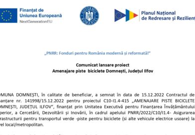 Comunicat lansare proiect – Amenajare piste biciclete Domnești, Județul Ilfov